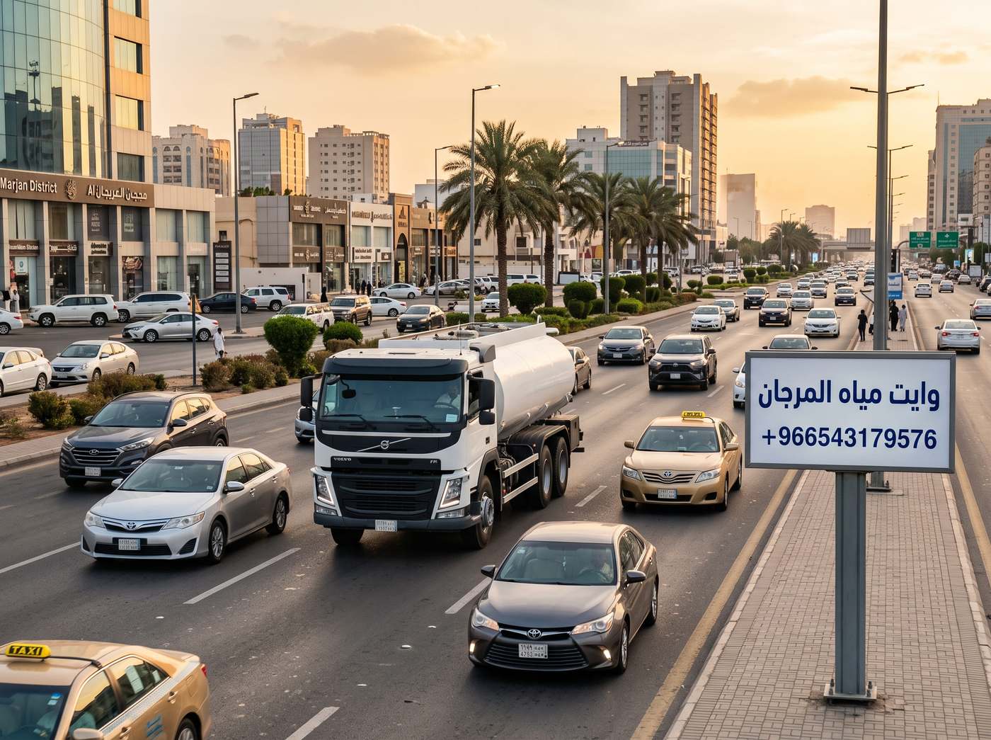 سيارة وايت مياه المرجان أثناء التوصيل على أحد طرق جدة الرئيسية